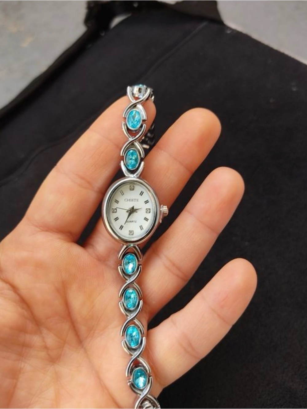 Silver Bracelet Watch with Blue Turquoise Gem Accents